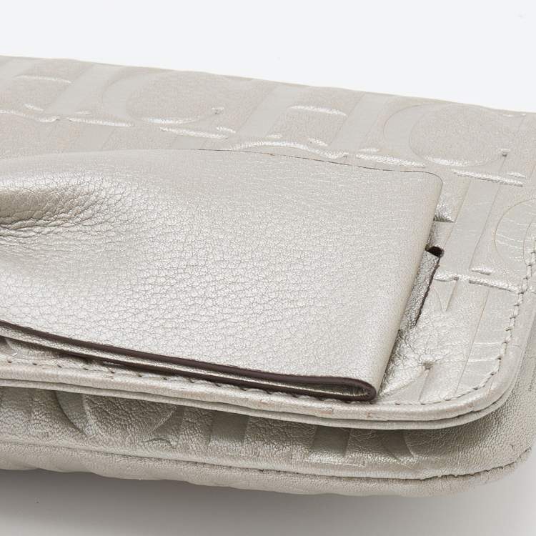 Pre Owned CH Carolina Herrera Metallic Grey Monogram Leather Bow Chain Clutch
