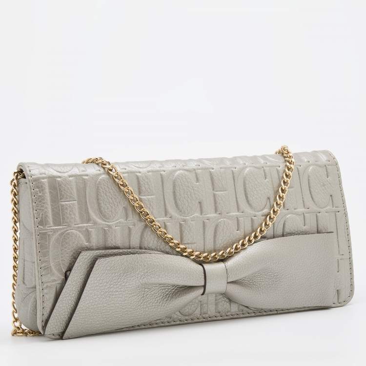 Pre Owned CH Carolina Herrera Metallic Grey Monogram Leather Bow Chain Clutch