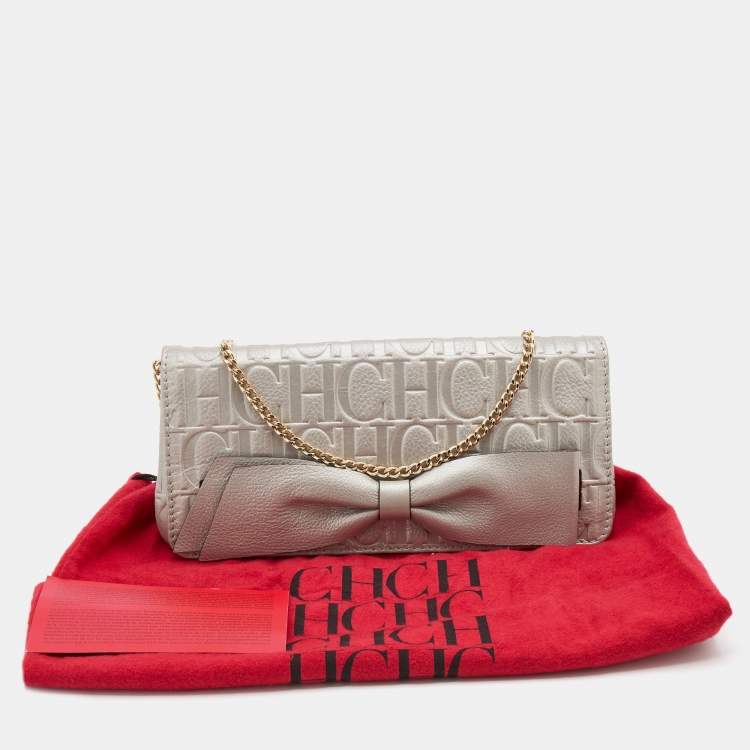 Pre Owned CH Carolina Herrera Metallic Grey Monogram Leather Bow Chain Clutch