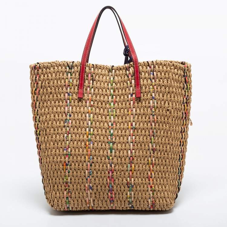 Pre Owned CH Carolina Herrera Multicolor Woven Straw and Leather Tote
