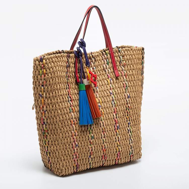 Pre Owned CH Carolina Herrera Multicolor Woven Straw and Leather Tote