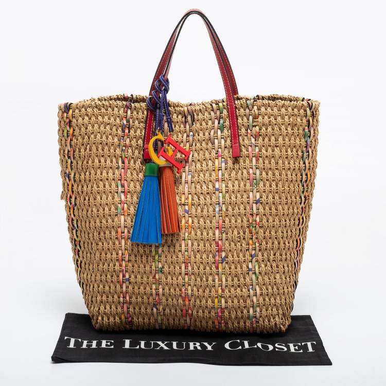 Pre Owned CH Carolina Herrera Multicolor Woven Straw and Leather Tote