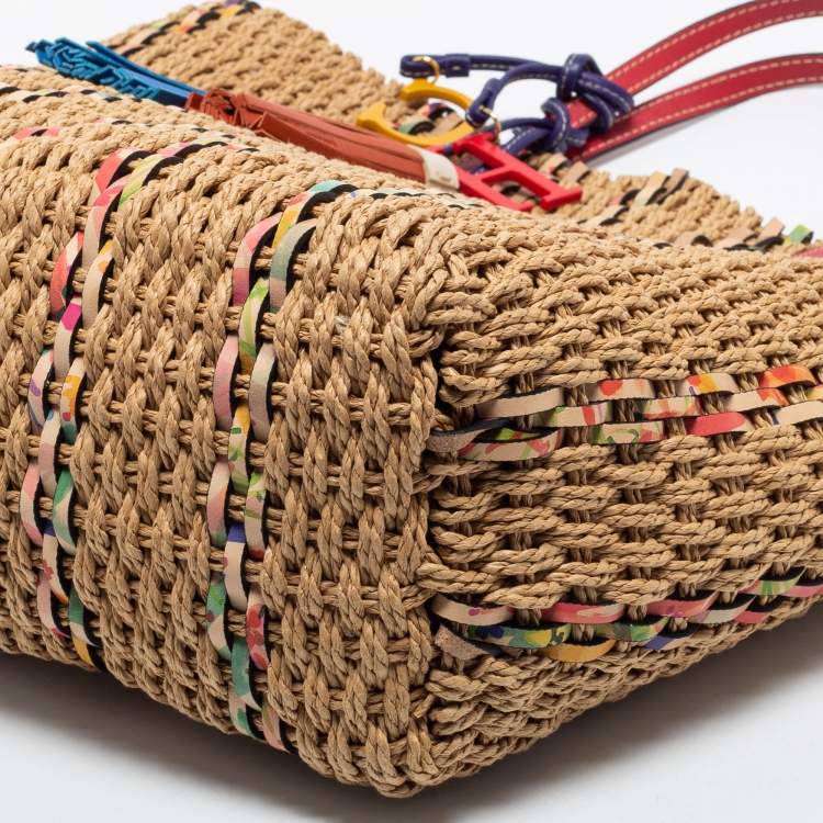 Pre Owned CH Carolina Herrera Multicolor Woven Straw and Leather Tote