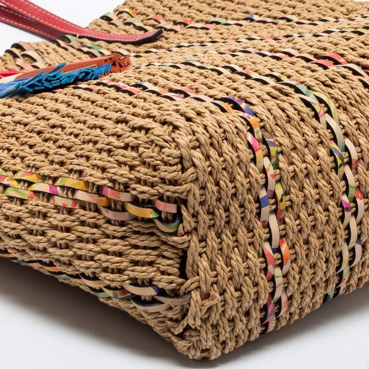 Pre Owned CH Carolina Herrera Multicolor Woven Straw and Leather Tote