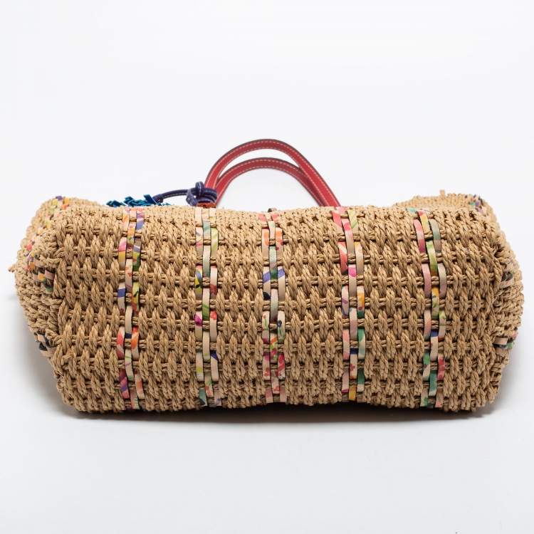 Pre Owned CH Carolina Herrera Multicolor Woven Straw and Leather Tote