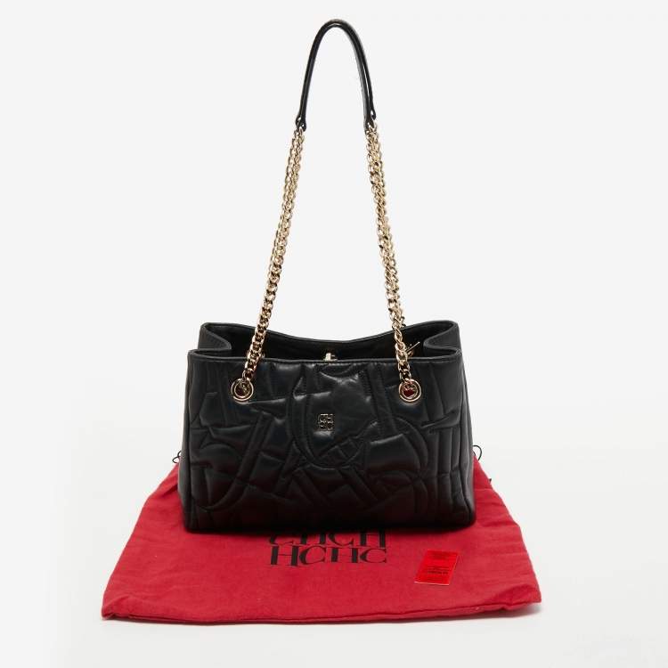 مملوكة مسبقًا CH Carolina Herrera Black Logo Embossed Leather Chain Tote