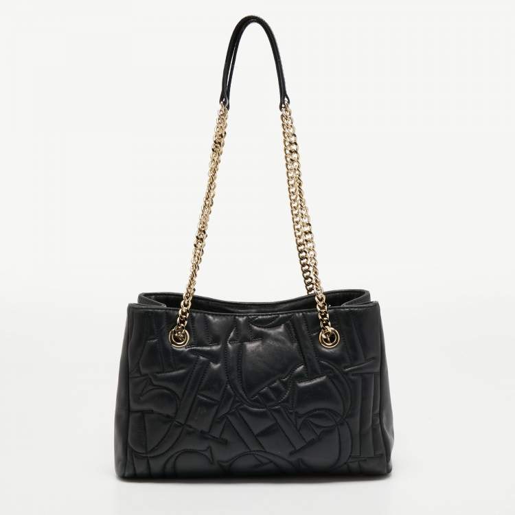 مملوكة مسبقًا CH Carolina Herrera Black Logo Embossed Leather Chain Tote