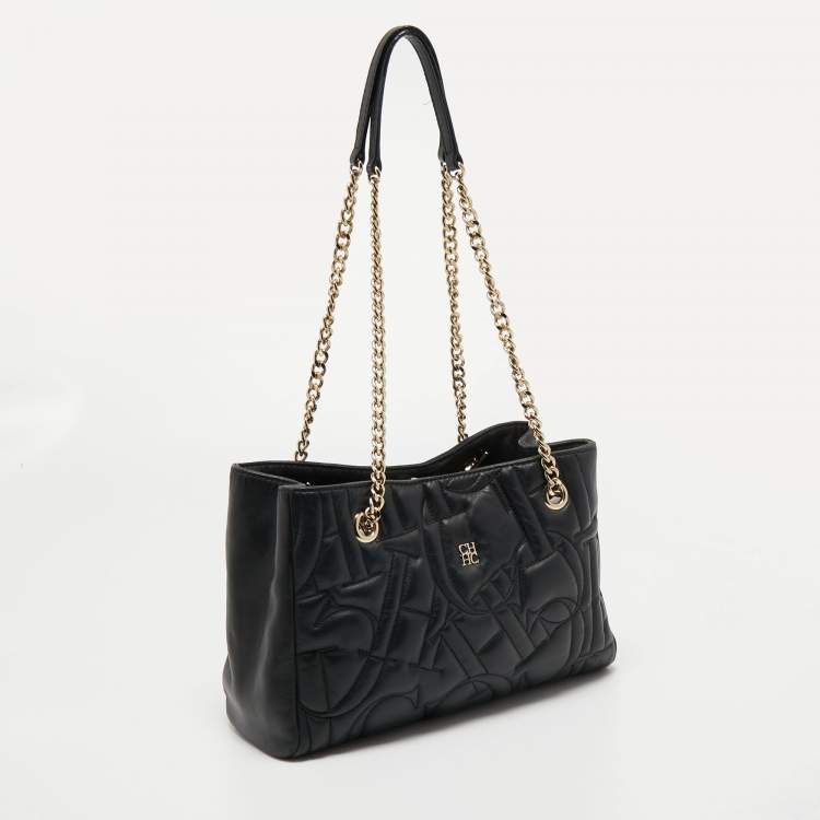 مملوكة مسبقًا CH Carolina Herrera Black Logo Embossed Leather Chain Tote