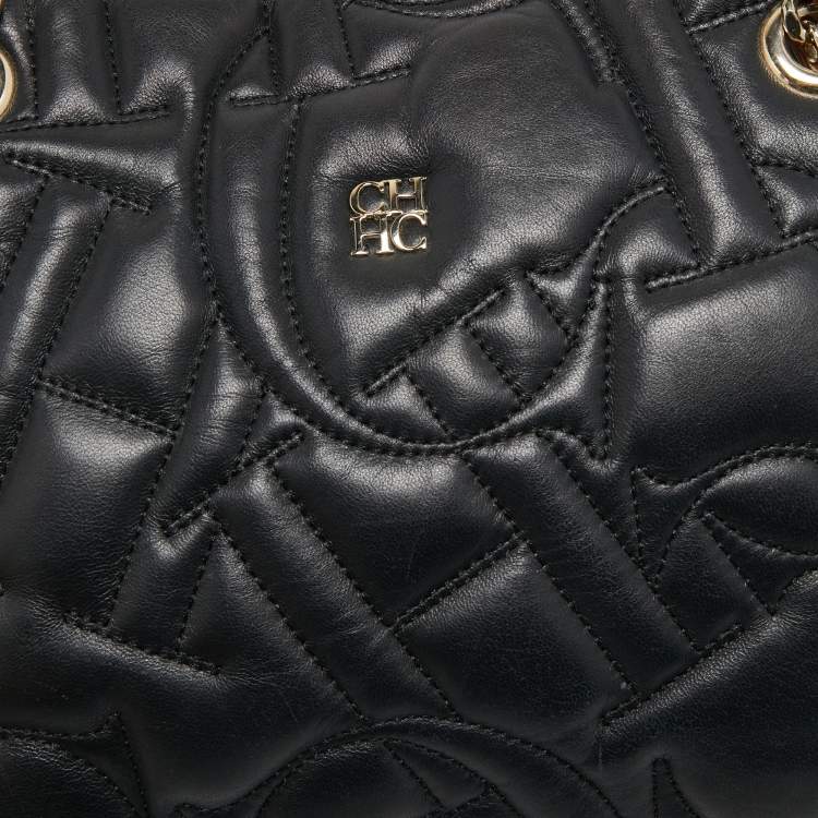 مملوكة مسبقًا CH Carolina Herrera Black Logo Embossed Leather Chain Tote