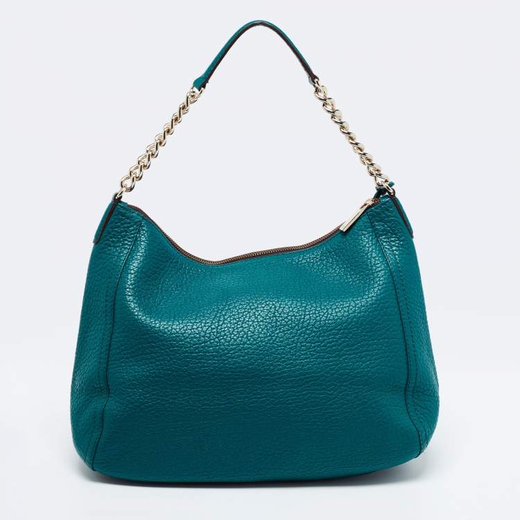 Pre Owned CH Carolina Herrera Green Grained Leather Zip Hobo