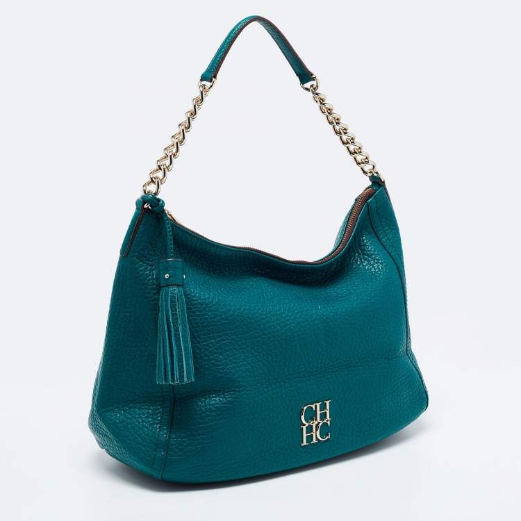 Pre Owned CH Carolina Herrera Green Grained Leather Zip Hobo