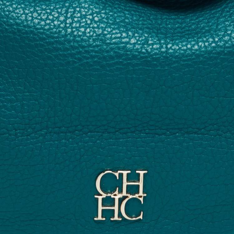 Pre Owned CH Carolina Herrera Green Grained Leather Zip Hobo
