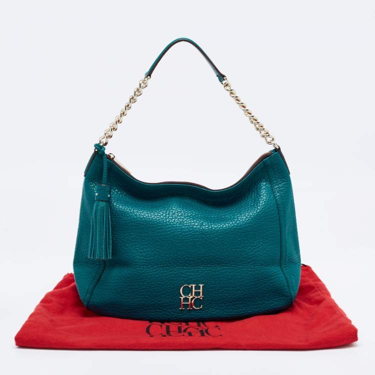 Pre Owned CH Carolina Herrera Green Grained Leather Zip Hobo