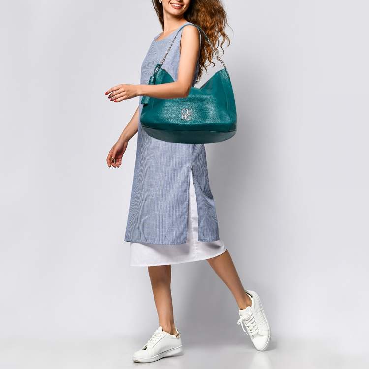 Pre Owned CH Carolina Herrera Green Grained Leather Zip Hobo
