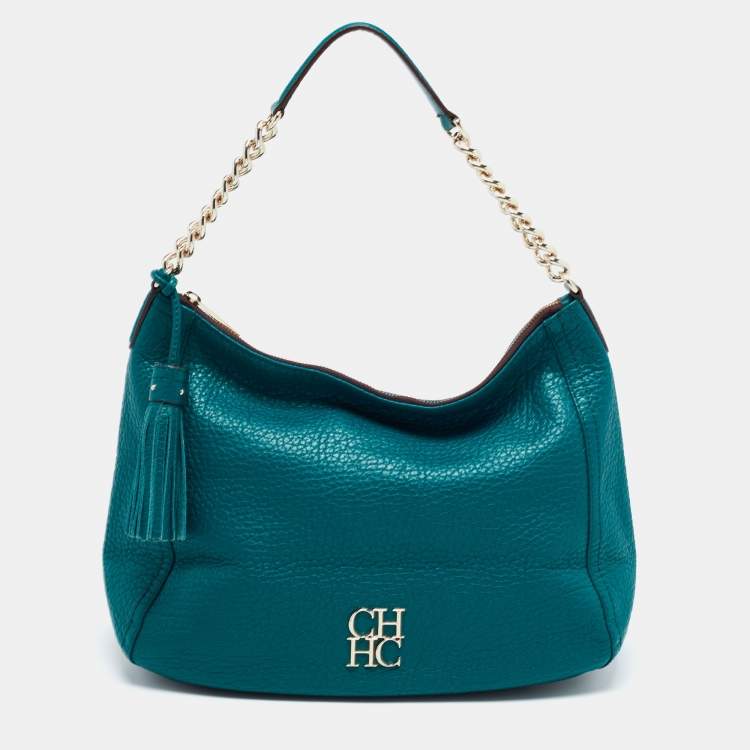 Pre Owned CH Carolina Herrera Green Grained Leather Zip Hobo