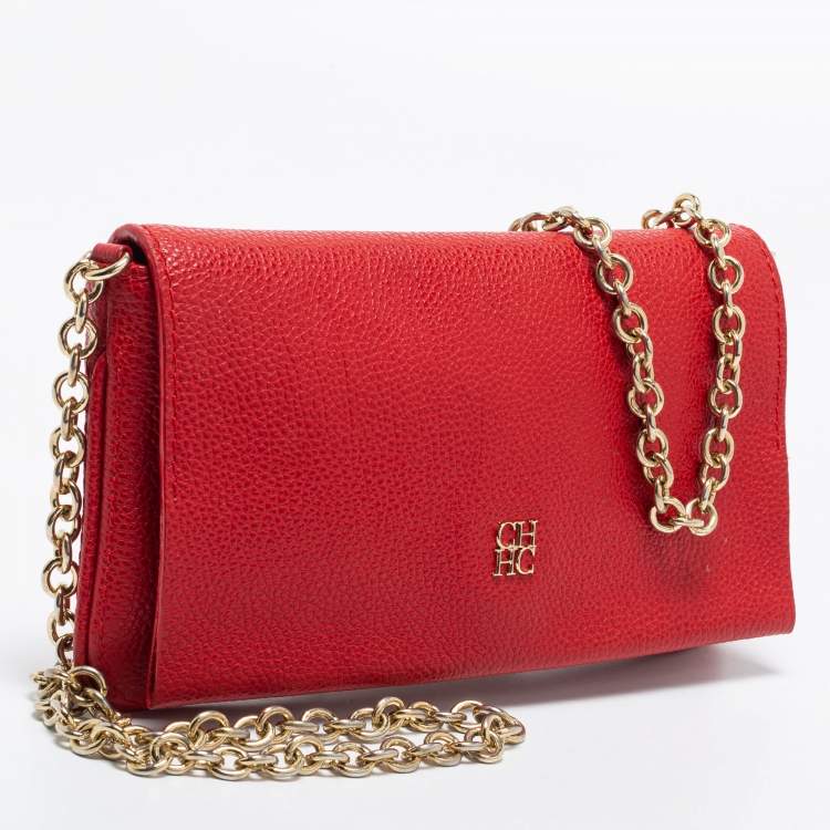 Pre Owned CH Carolina Herrera Red Leather Chain Clutch