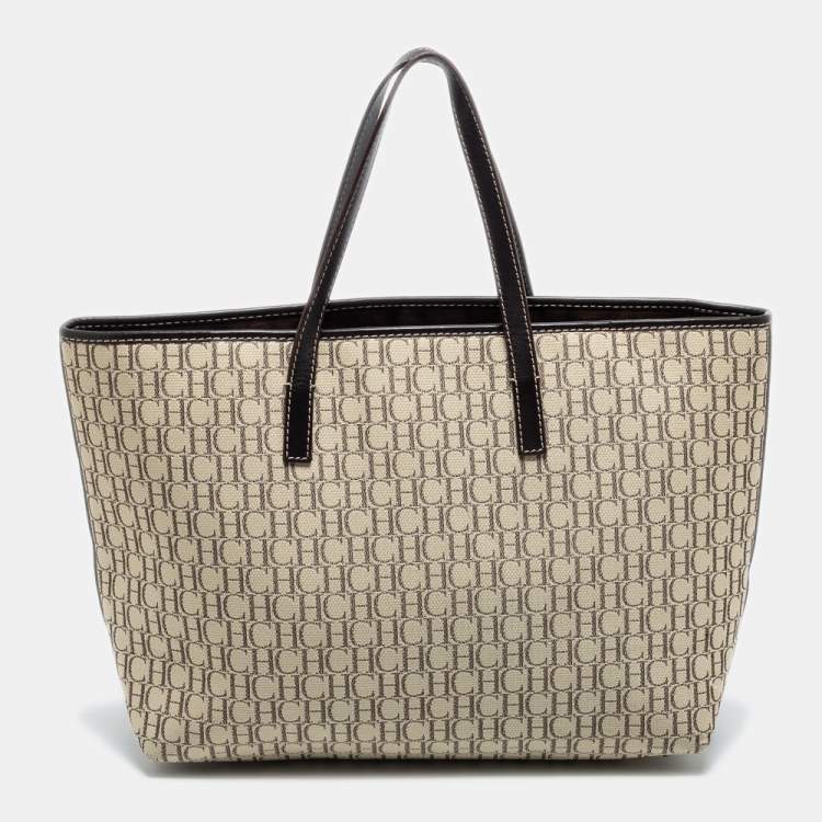 Pre Owned CH Carolina Herrera Beige/Dark Brown Monogram Canvas and Leather Shopper Tote