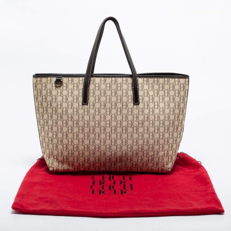 Pre Owned CH Carolina Herrera Beige/Dark Brown Monogram Canvas and Leather Shopper Tote