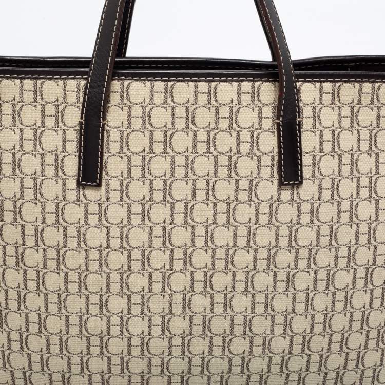 Pre Owned CH Carolina Herrera Beige/Dark Brown Monogram Canvas and Leather Shopper Tote