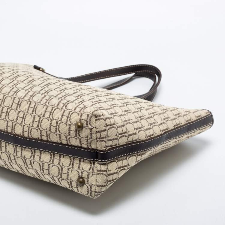 Pre Owned CH Carolina Herrera Beige/Dark Brown Monogram Canvas and Leather Shopper Tote