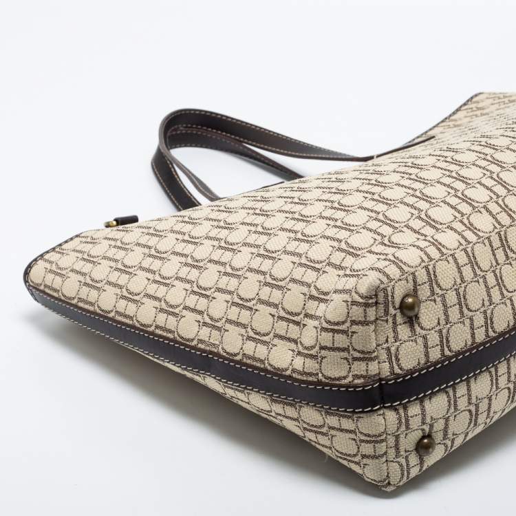 Pre Owned CH Carolina Herrera Beige/Dark Brown Monogram Canvas and Leather Shopper Tote