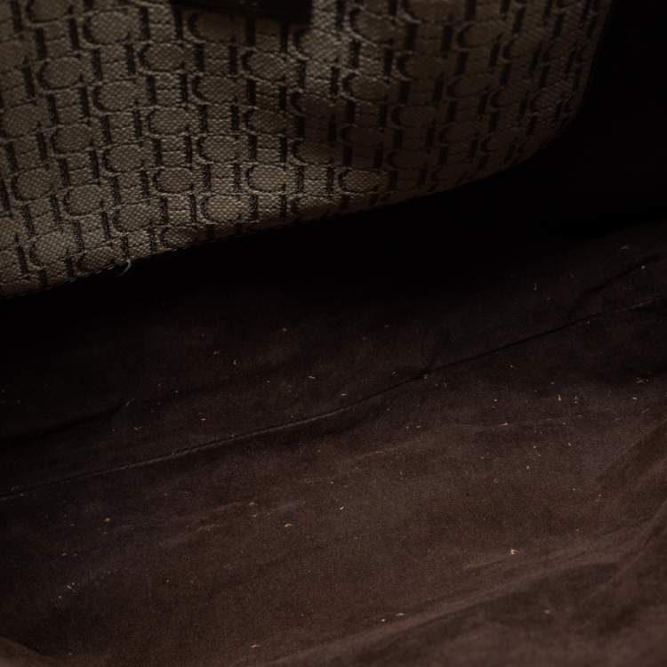 Pre Owned CH Carolina Herrera Beige/Dark Brown Monogram Canvas and Leather Shopper Tote