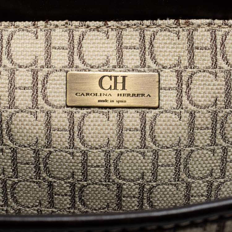 Pre Owned CH Carolina Herrera Beige/Dark Brown Monogram Canvas and Leather Shopper Tote