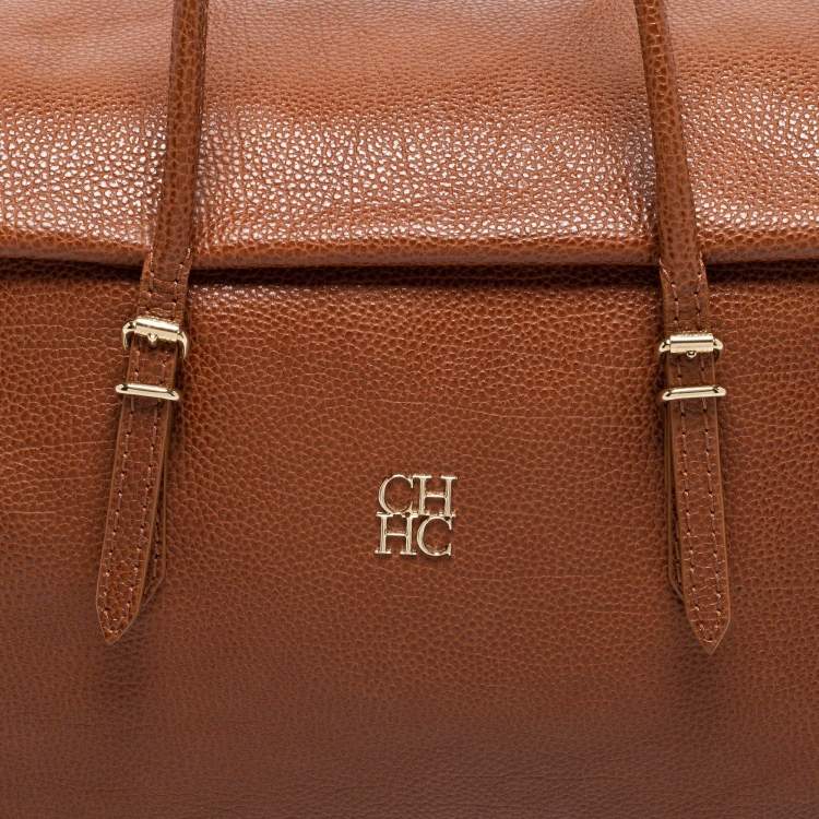 Pre Owned CH Carolina Herrera Brown Pebbled Leather Flap Satchel