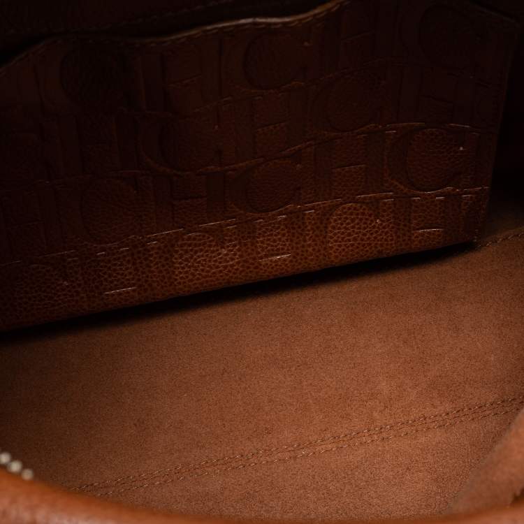 Pre Owned CH Carolina Herrera Brown Pebbled Leather Flap Satchel