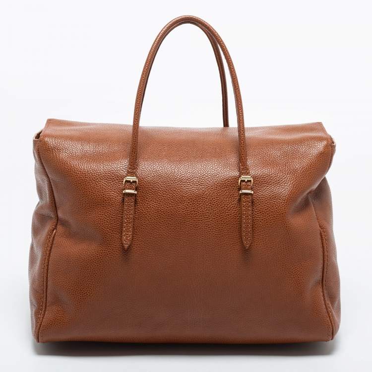 Pre Owned CH Carolina Herrera Brown Pebbled Leather Flap Satchel