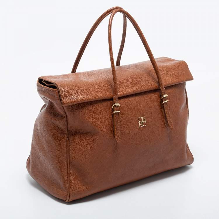 Pre Owned CH Carolina Herrera Brown Pebbled Leather Flap Satchel