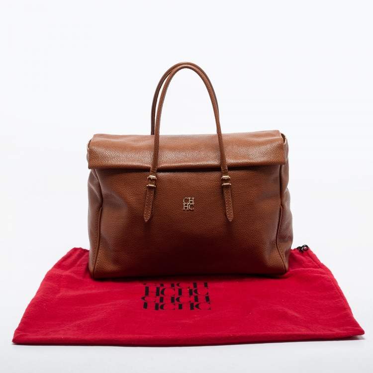 Pre Owned CH Carolina Herrera Brown Pebbled Leather Flap Satchel