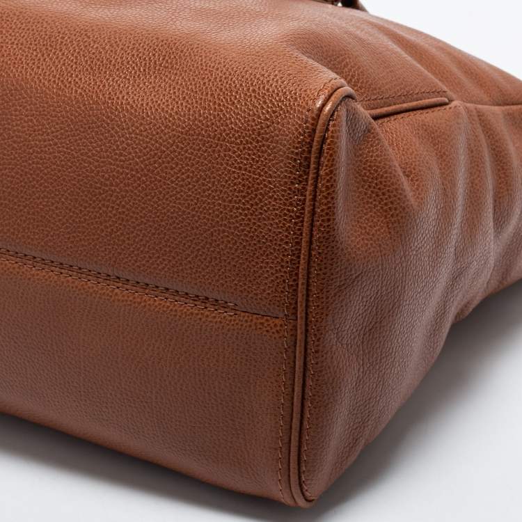Pre Owned CH Carolina Herrera Brown Pebbled Leather Flap Satchel