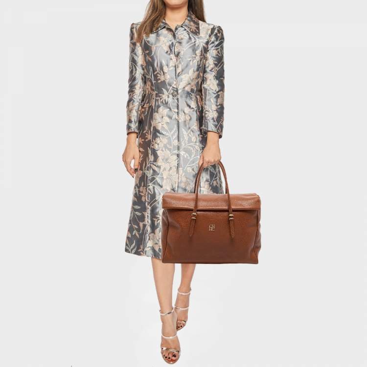 Pre Owned CH Carolina Herrera Brown Pebbled Leather Flap Satchel