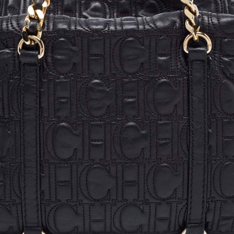 Pre Owned CH Carolina Herrera Black Monogram Embossed Leather Chain Satchel