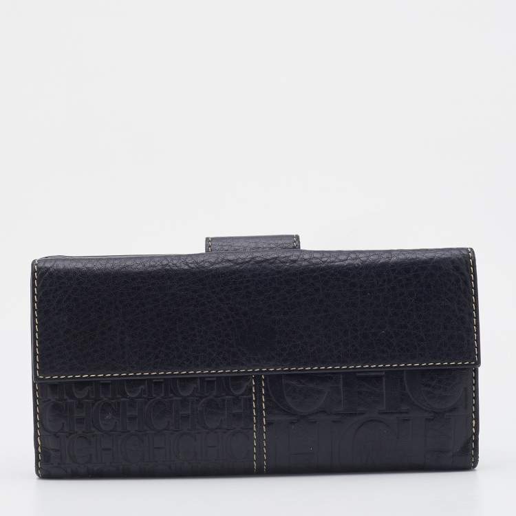 Pre Owned CH Carolina Herrera Black Leather Flap Continental Wallet