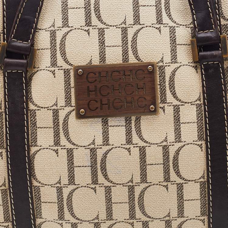 Pre Owned CH Carolina Herrera Beige/Brown Monogram Coated Canvas and Leather Tote