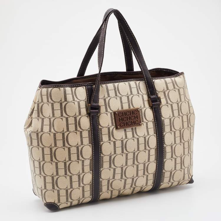 Pre Owned CH Carolina Herrera Beige/Brown Monogram Coated Canvas and Leather Tote