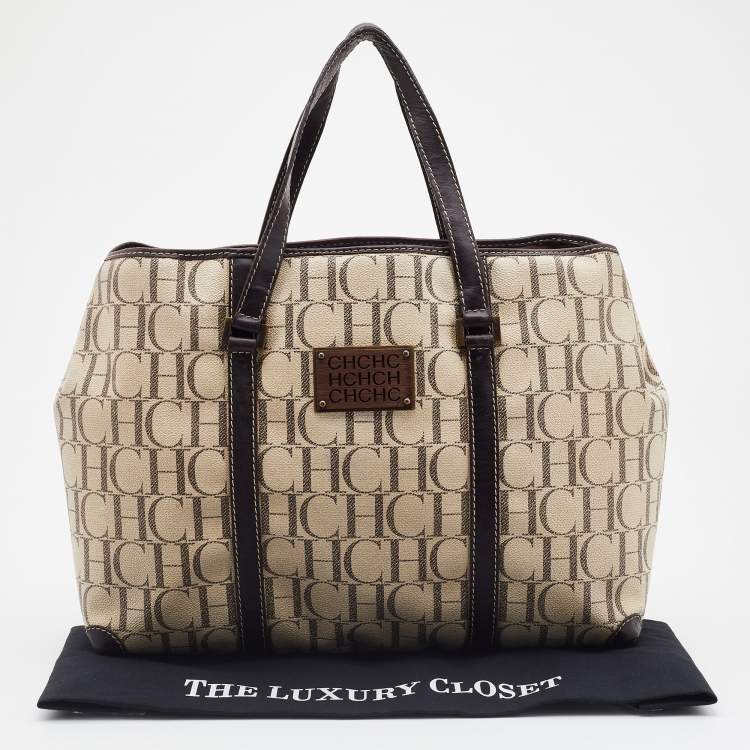 Pre Owned CH Carolina Herrera Beige/Brown Monogram Coated Canvas and Leather Tote