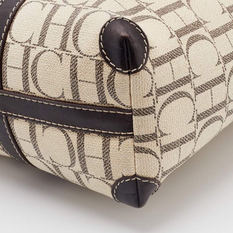 Pre Owned CH Carolina Herrera Beige/Brown Monogram Coated Canvas and Leather Tote
