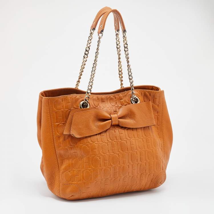 Pre Owned CH Carolina Herrera Brown Monogram Embossed Leather Audrey Tote