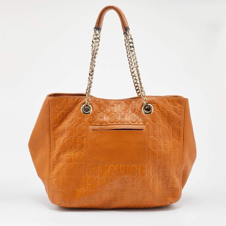 Pre Owned CH Carolina Herrera Brown Monogram Embossed Leather Audrey Tote