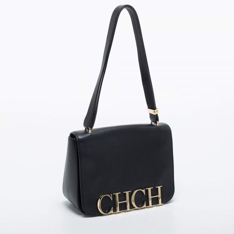 Pre Owned CH Carolina Herrera Black Leather Logo Flap Shoulder Bag