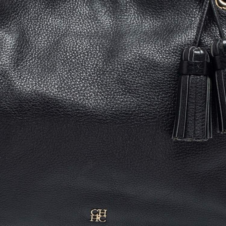 Pre Owned CH Carolina Herrera Black Monogram Embossed Leather Chain Tote