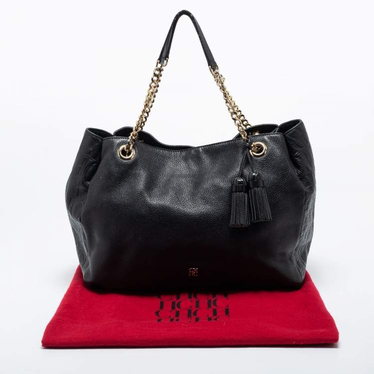 Pre Owned CH Carolina Herrera Black Monogram Embossed Leather Chain Tote