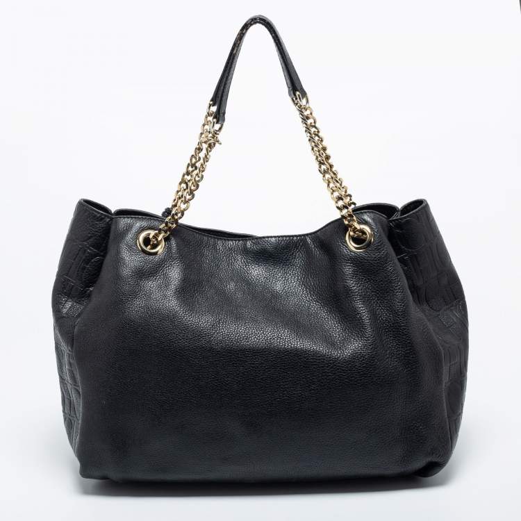 Pre Owned CH Carolina Herrera Black Monogram Embossed Leather Chain Tote