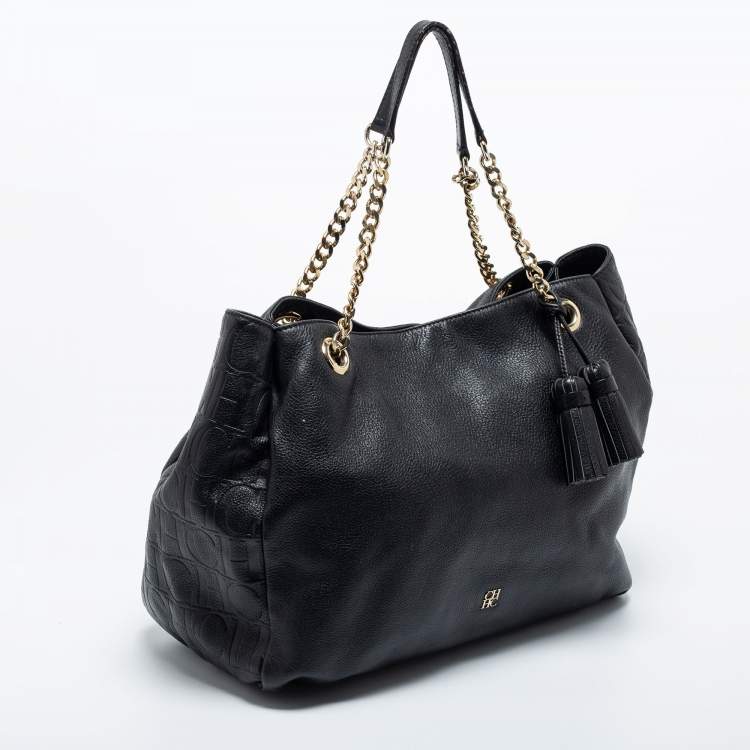 Pre Owned CH Carolina Herrera Black Monogram Embossed Leather Chain Tote