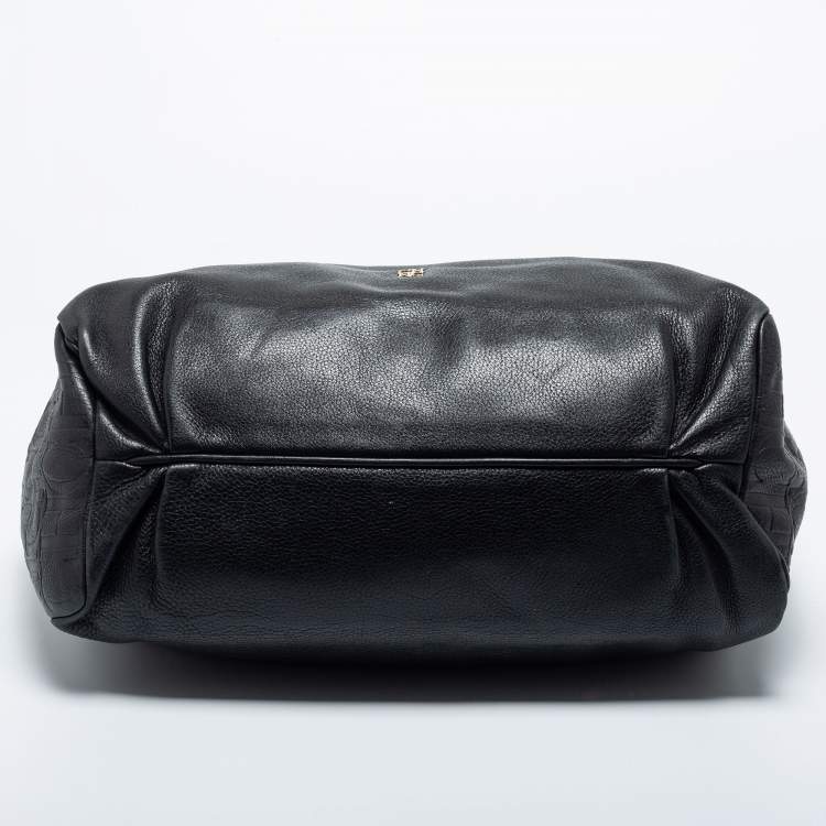 Pre Owned CH Carolina Herrera Black Monogram Embossed Leather Chain Tote