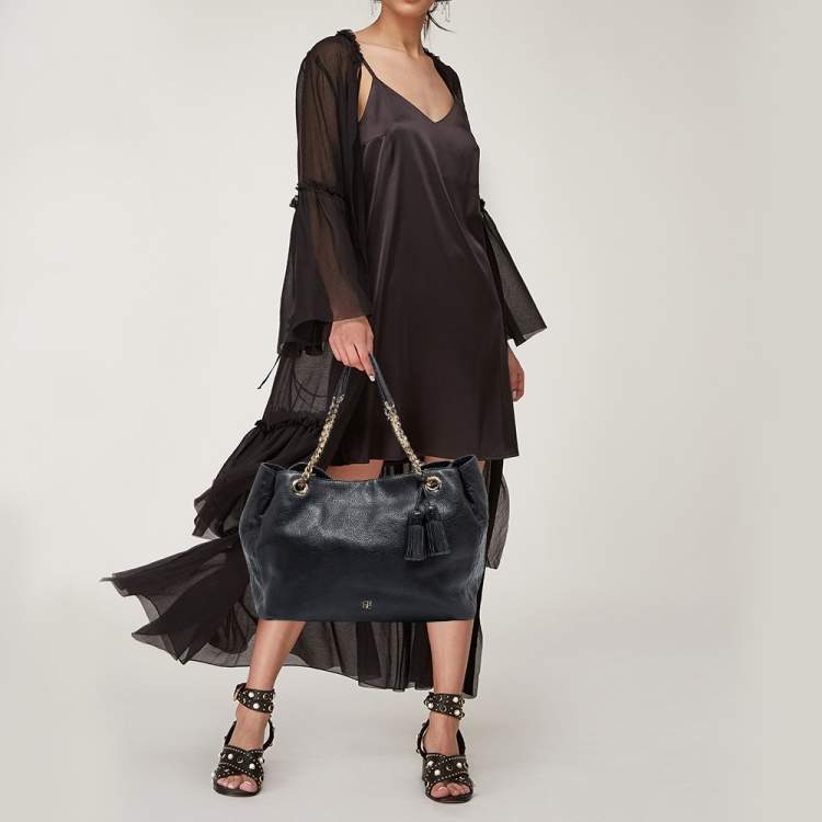 Pre Owned CH Carolina Herrera Black Monogram Embossed Leather Chain Tote