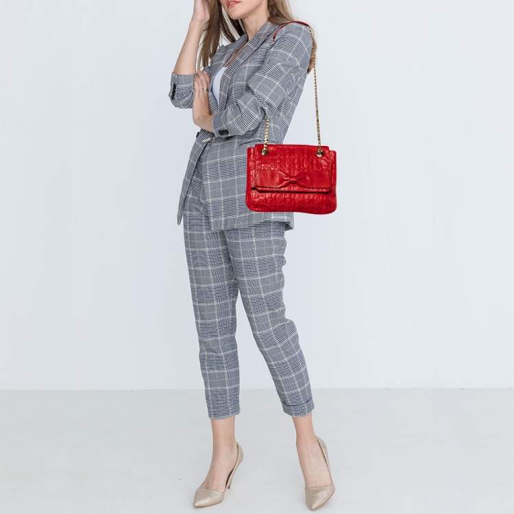 Pre Owned CH Carolina Herrera Red Monogram Embossed Leather Bow Shoulder Bag